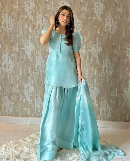 Sky Solid - Shirt, Farshi Shalwar with Dupatta - COD | 50% OFF