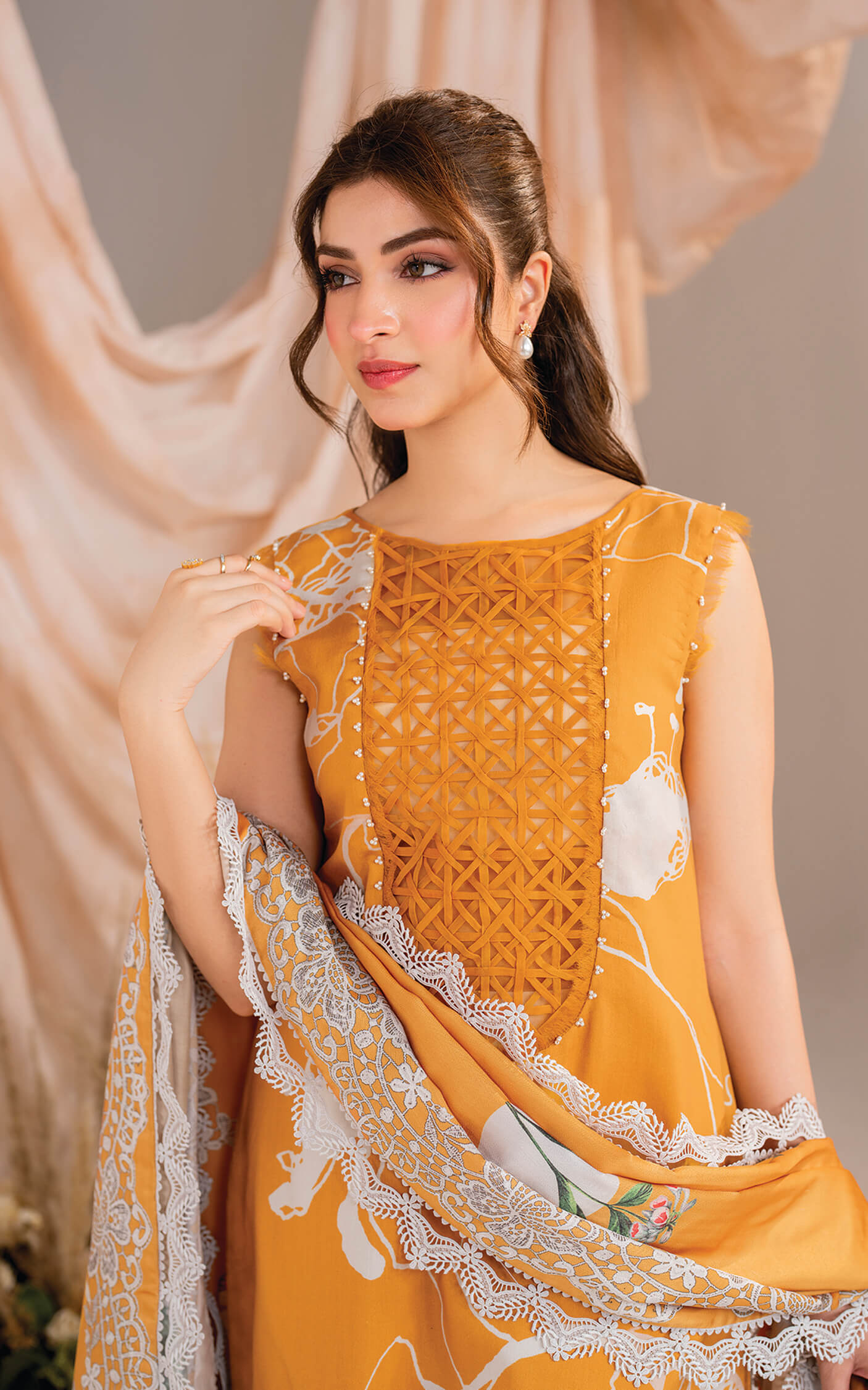 Kinza Hashmi - Mango floral viscose Shirt, Trouser and dupatta set | 50% OFF