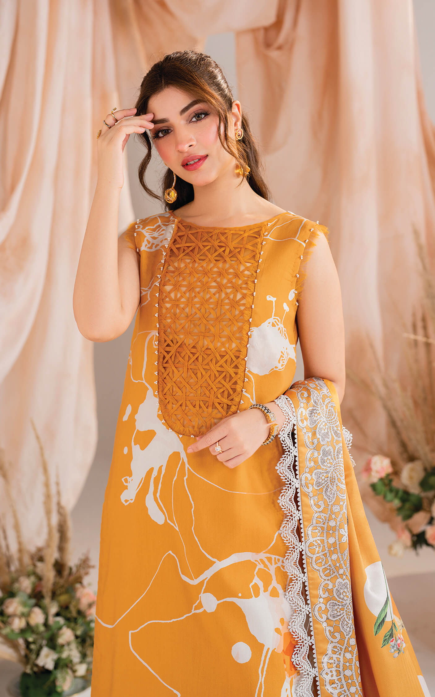 Kinza Hashmi - Mango floral viscose Shirt, Trouser and dupatta set | 50% OFF