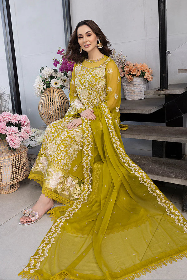 Hania Aamir - Embellished Yellow Shirt, Flapper with Dupatta - COD | 30% OFF