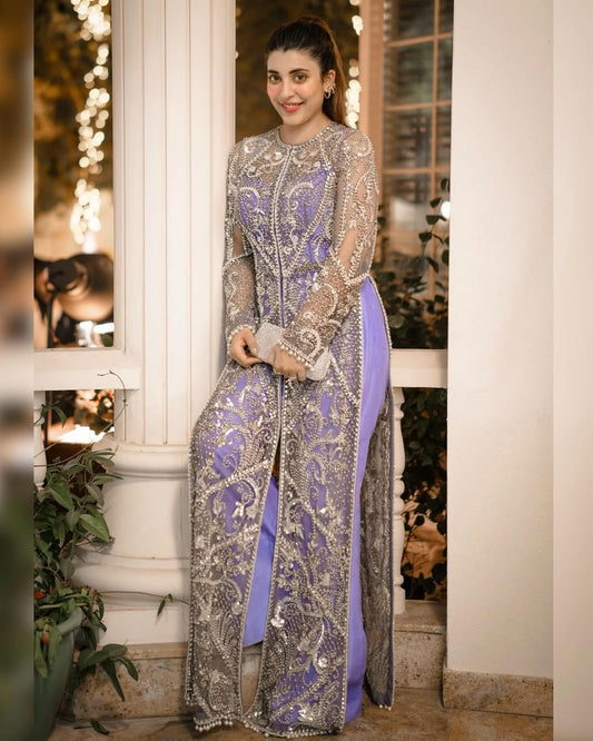 Urwa Hocane - Embroidered Purple Hue Shrug, Inner and Trouser set | 60% OFF