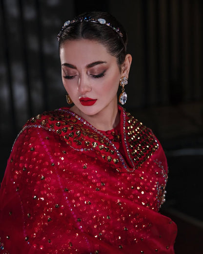 Hania Aamir - TANGO RED EMBELLISHED RAW SILK MAXI | 65% OFF