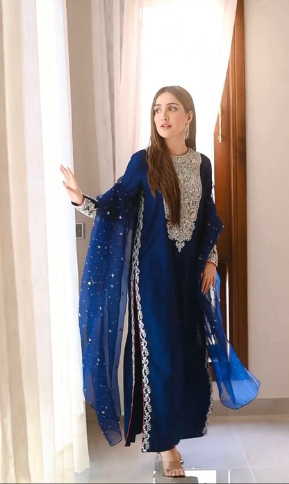 Aiza Awan - Embellished Blue Long Shirt, Trouser with Dupatta | 50% OFF