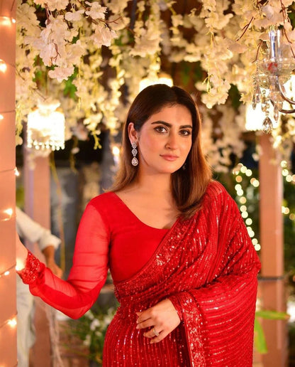 Aiza Awan x Hiba Bukhari - Red Embellished Saree - COD | 60% OFF