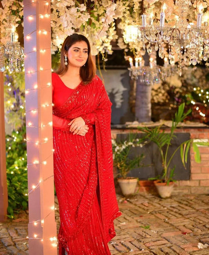 Aiza Awan x Hiba Bukhari - Red Embellished Saree - COD | 60% OFF