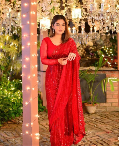 Aiza Awan x Hiba Bukhari - Red Embellished Saree - COD | 60% OFF