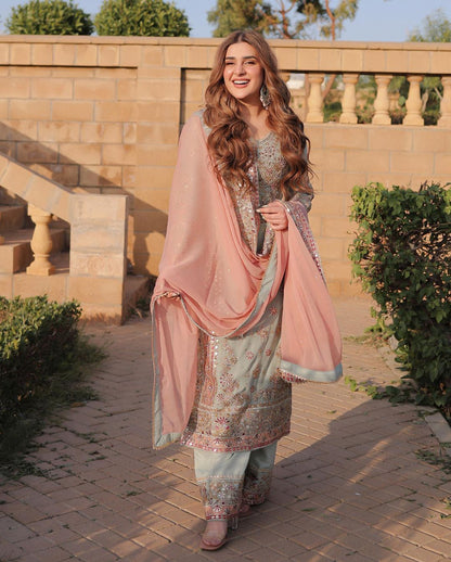 Kubra Khan - Siani Shirt, Trouser with Dupatta - COD | 40% OFF