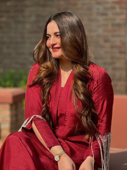 Aiman Khan -  Embellished Red Shirt, Trouser and Dupatta set - COD | 30% OFF