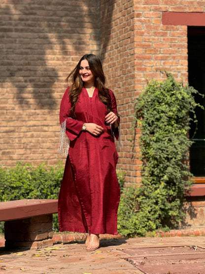 Aiman Khan -  Embellished Red Shirt, Trouser and Dupatta set - COD | 30% OFF