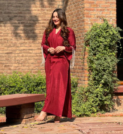 Aiman Khan -  Embellished Red Shirt, Trouser and Dupatta set - COD | 30% OFF