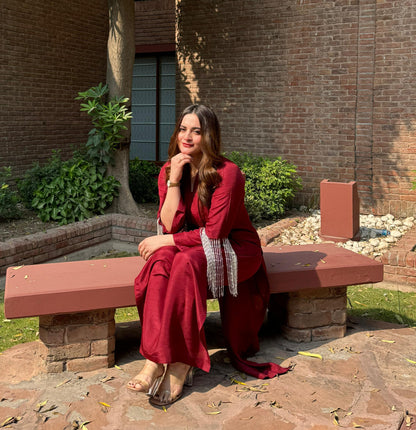 Aiman Khan -  Embellished Red Shirt, Trouser and Dupatta set - COD | 30% OFF