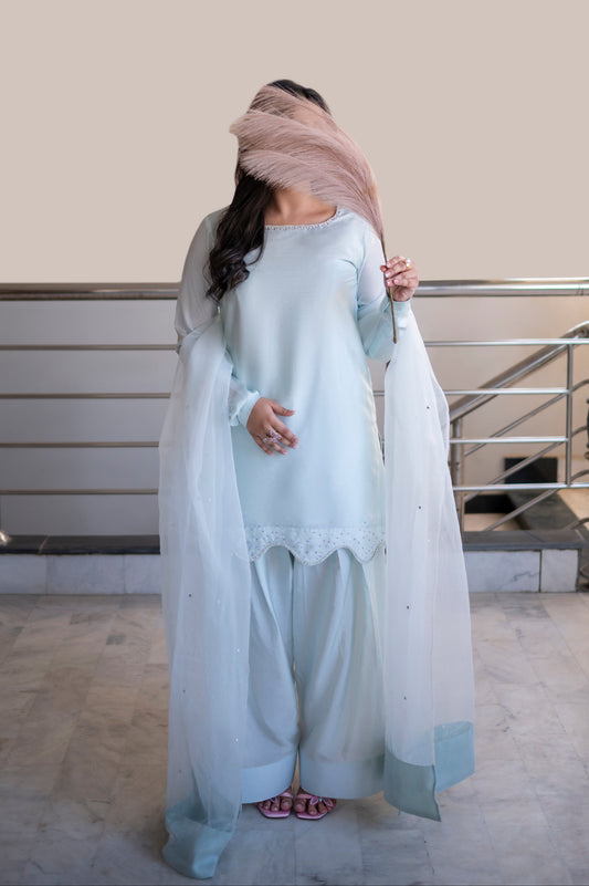 Ice Blue - Shirt, Farshi shalwar with Dupatta Set - COD | 50% OFF