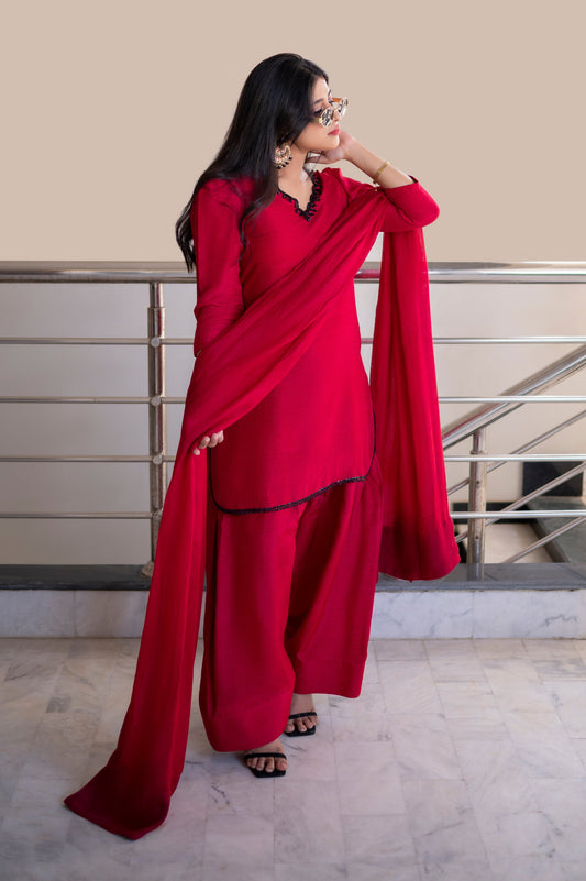 Ruby red - Shirt, Farshi Shalwar and Dupatta - COD | 60% OFF