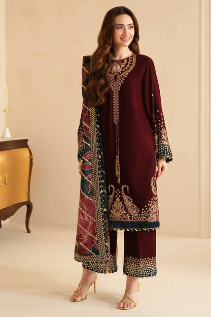 Sana Javed - Embroidered Velvet shirt, Trouser with Dupatta - COD | 30% OFF