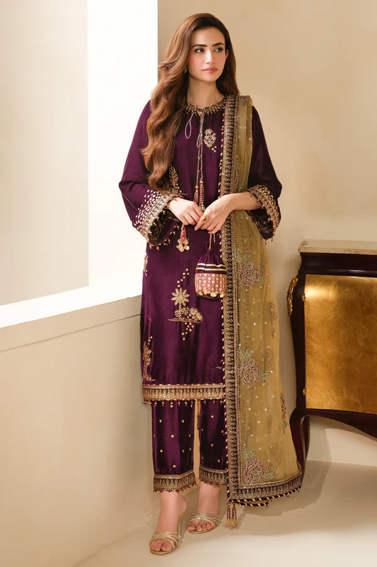 Sana Javed - Purple Shirt, Trouser with Dupatta - COD | 30% OFF