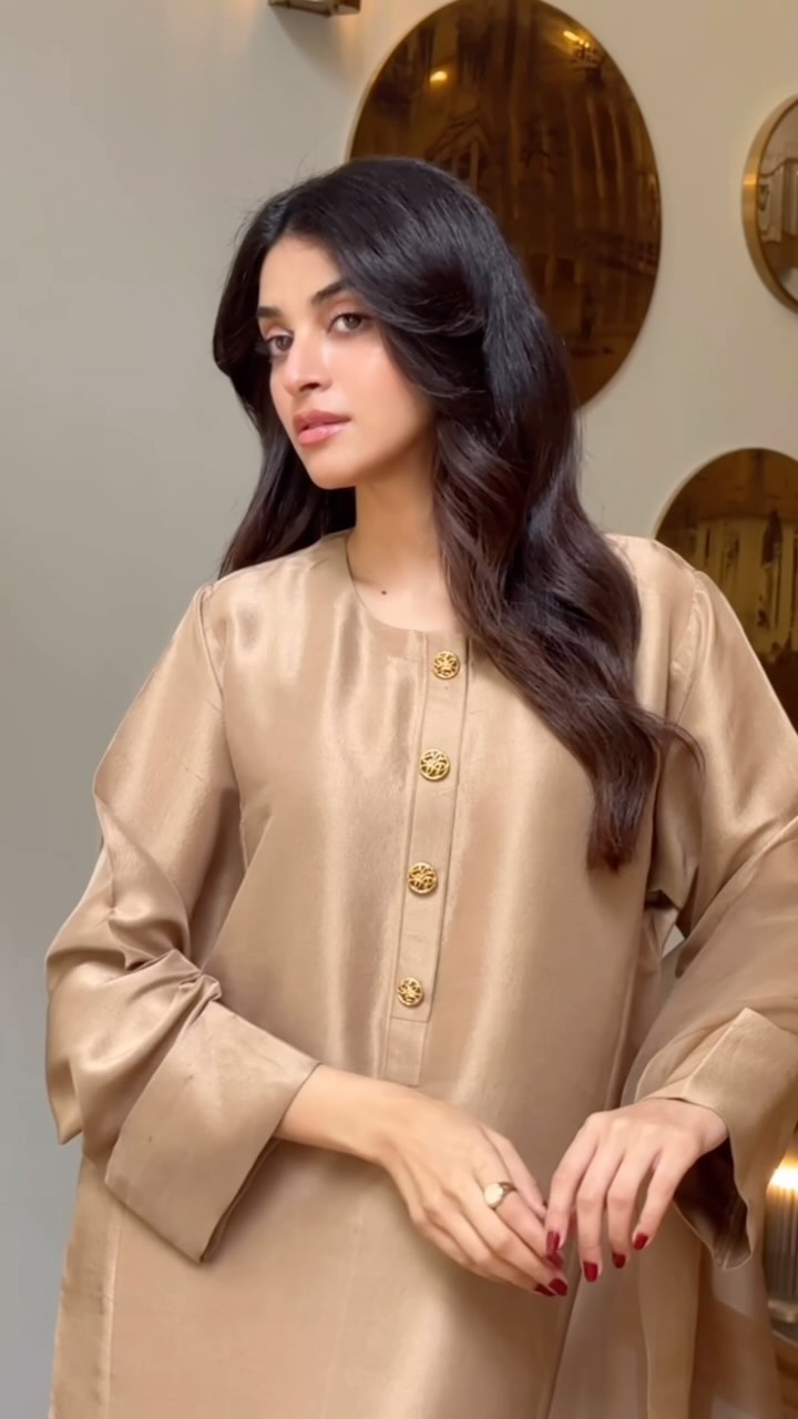 Anmol Baloch Beige Silk Shirt, Trouser with Dupatta | 50% OFF | Reshmi Shirt - COD