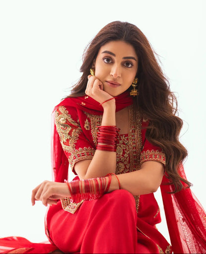 Anmol Baloch - Red Raw Silk Shirt, Trouser and Dupatta Outfit | Reshmi Shirt | 50% OFF | COD