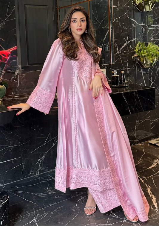 Anmol Baloch in a pink embroidered dress standing in a modern interior setting.