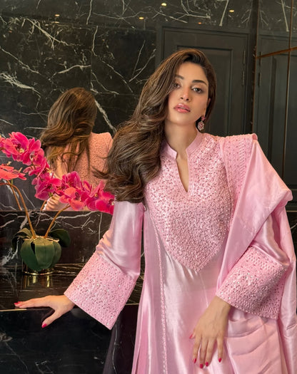 Anmol Baloch Pink Silk Shirt, Trouser with Dupatta | 40% OFF | Reshmi Shirt