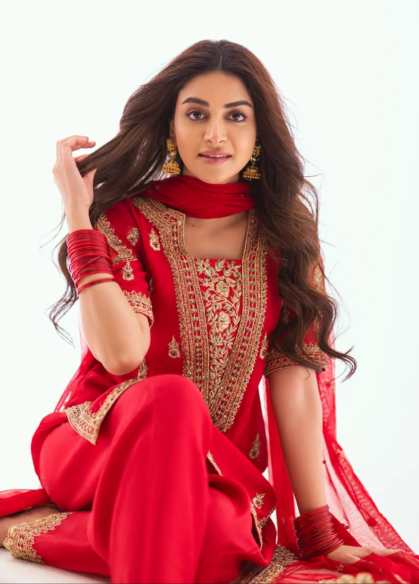 Anmol Baloch - Red Raw Silk Shirt, Trouser and Dupatta Outfit | Reshmi Shirt | 50% OFF | COD
