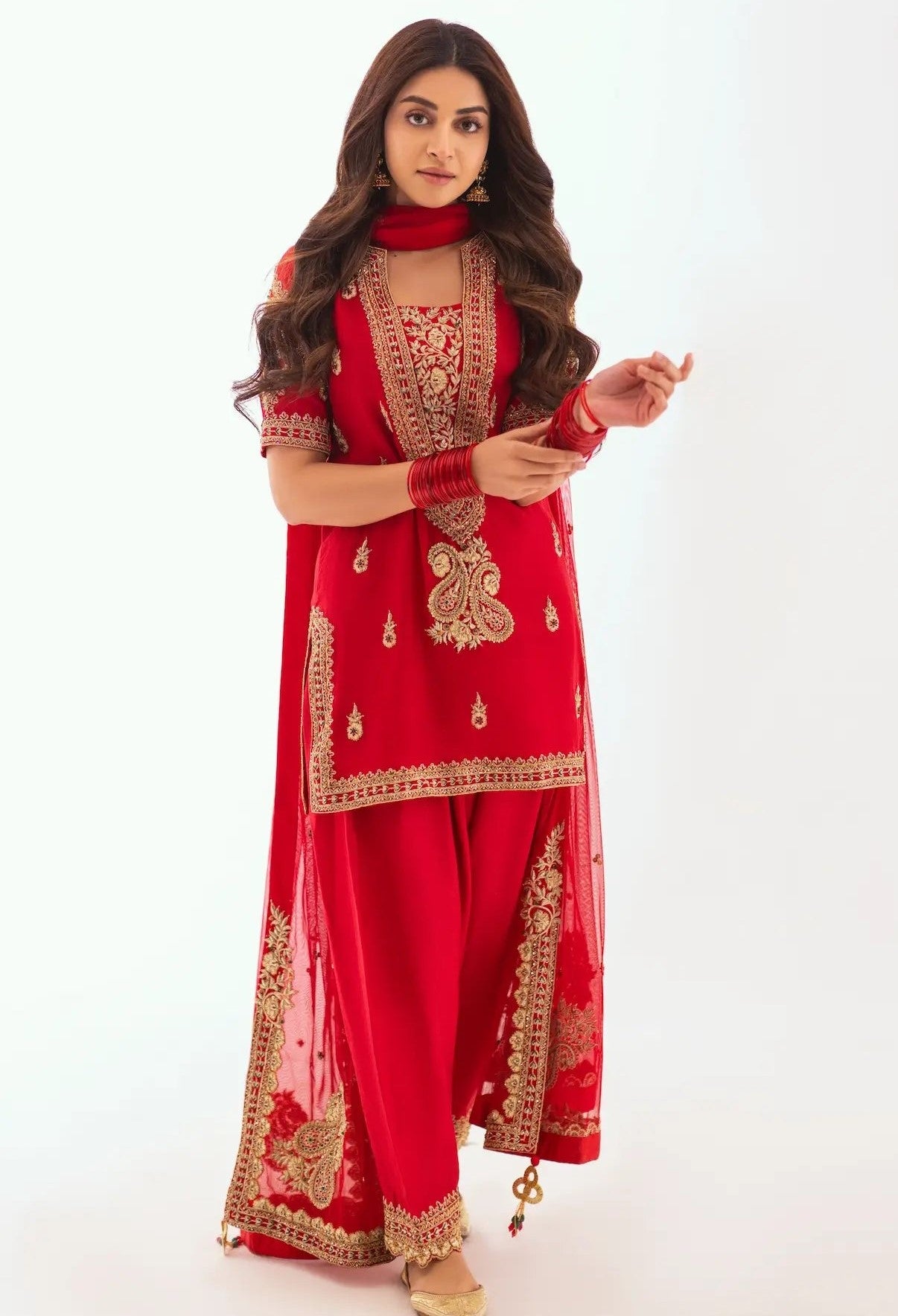 Anmol Baloch - Red Raw Silk Shirt, Trouser and Dupatta Outfit | Reshmi Shirt | 50% OFF | COD