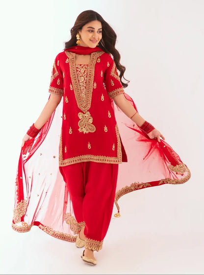 Anmol Baloch - Red Raw Silk Shirt, Trouser and Dupatta Outfit | Reshmi Shirt | 50% OFF | COD