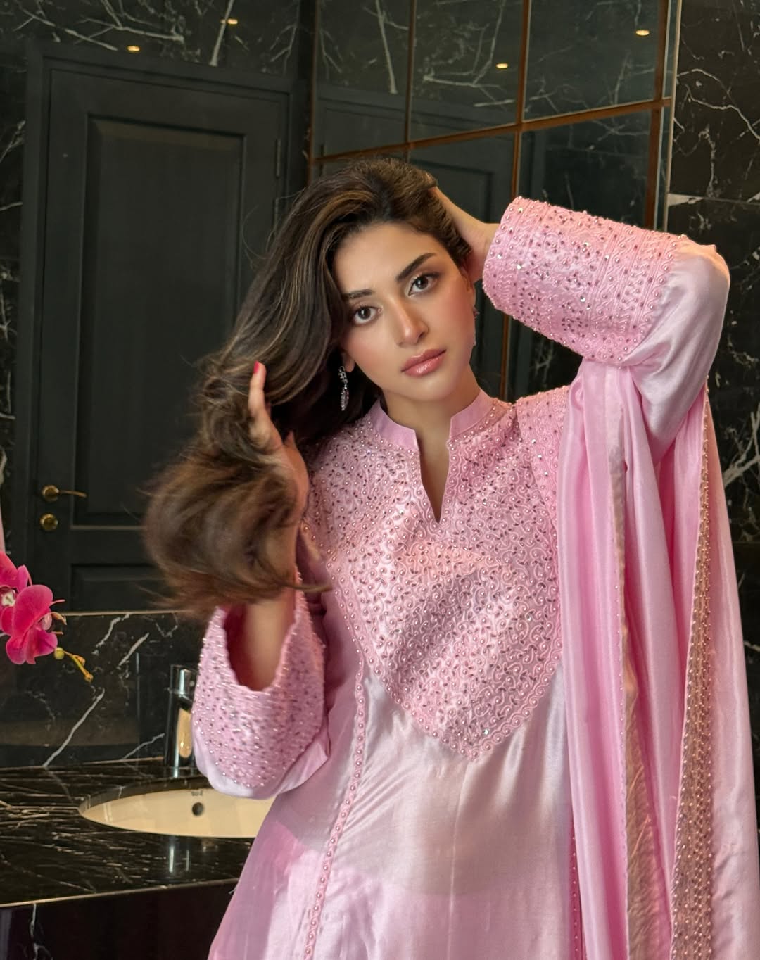 Anmol Baloch Pink Silk Shirt, Trouser with Dupatta | 40% OFF | Reshmi Shirt