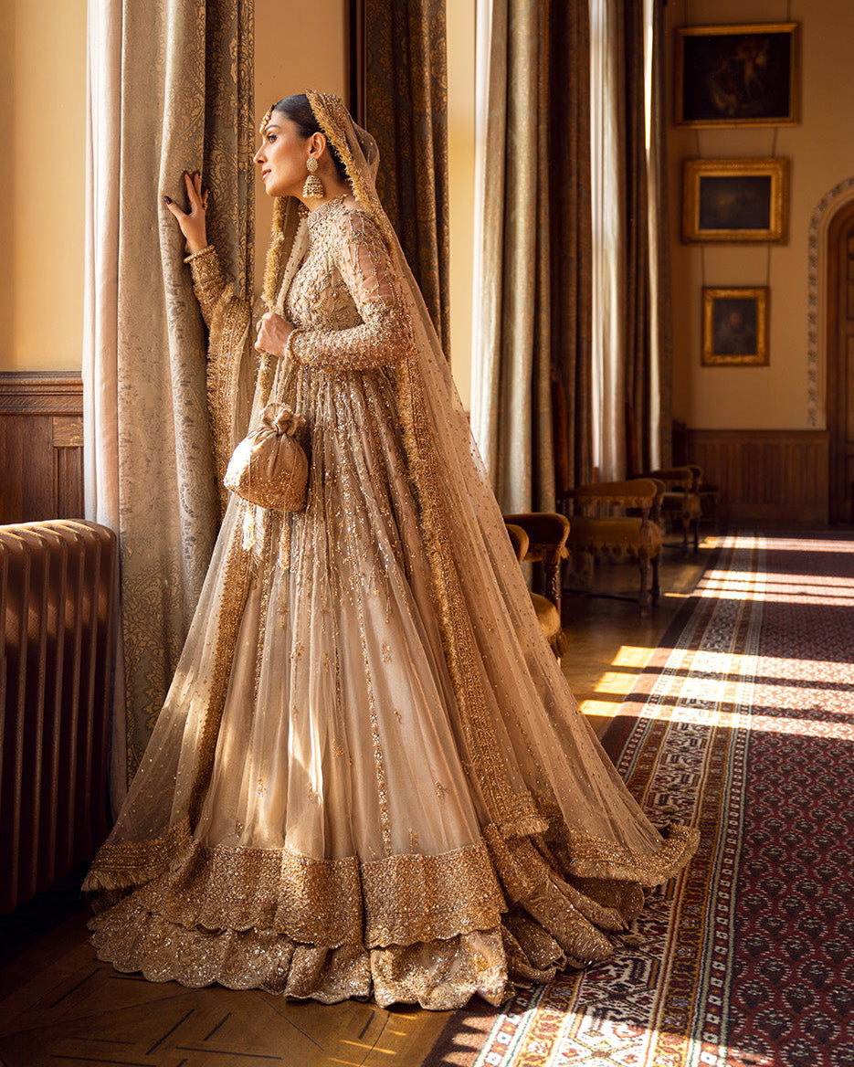 Ayeza Khan Bridal Golden Gown - Luxury Wedding Dress | 60% OFF