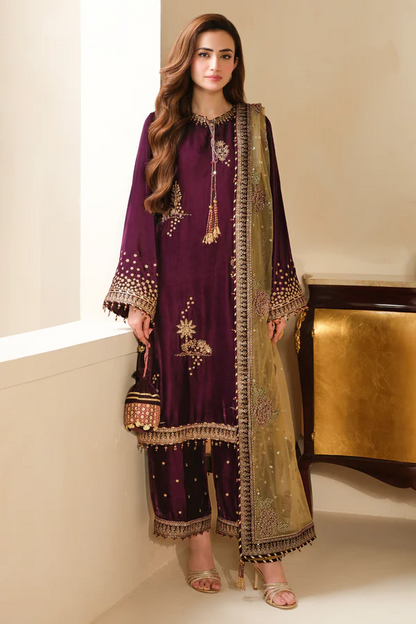 Sana Javed - Purple Shirt, Trouser with Dupatta - COD | 30% OFF