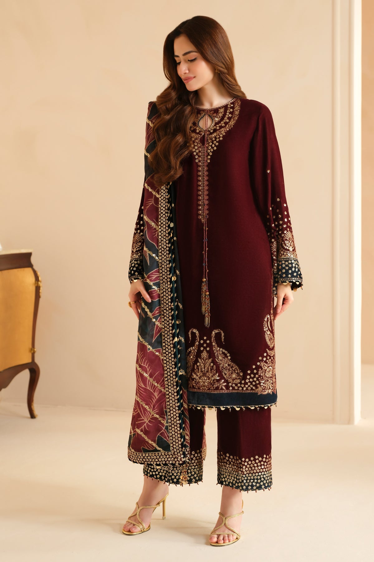 Sana Javed - Embroidered Velvet shirt, Trouser with Dupatta - COD | 30% OFF