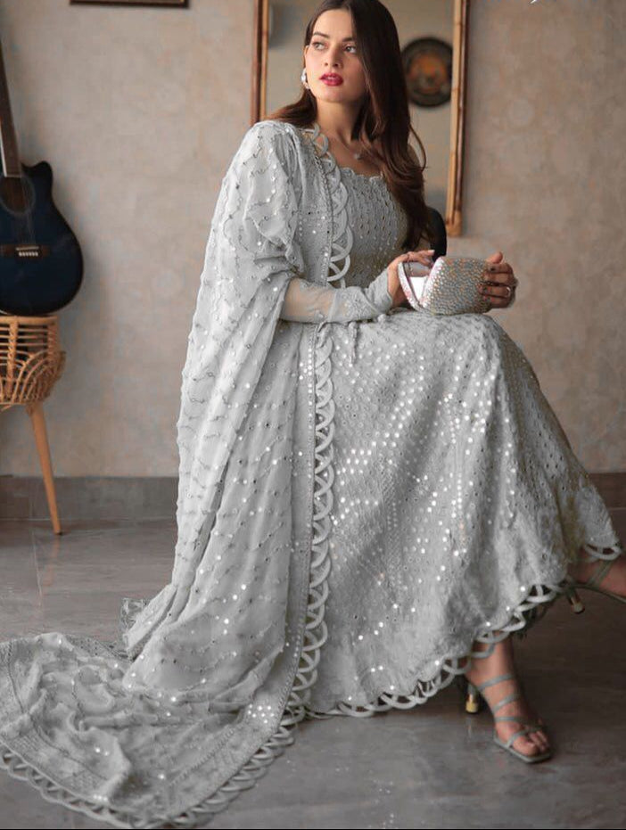 Aiman Khan Grey Kameez, Trouser and Dupatta | COD | 25% OFF