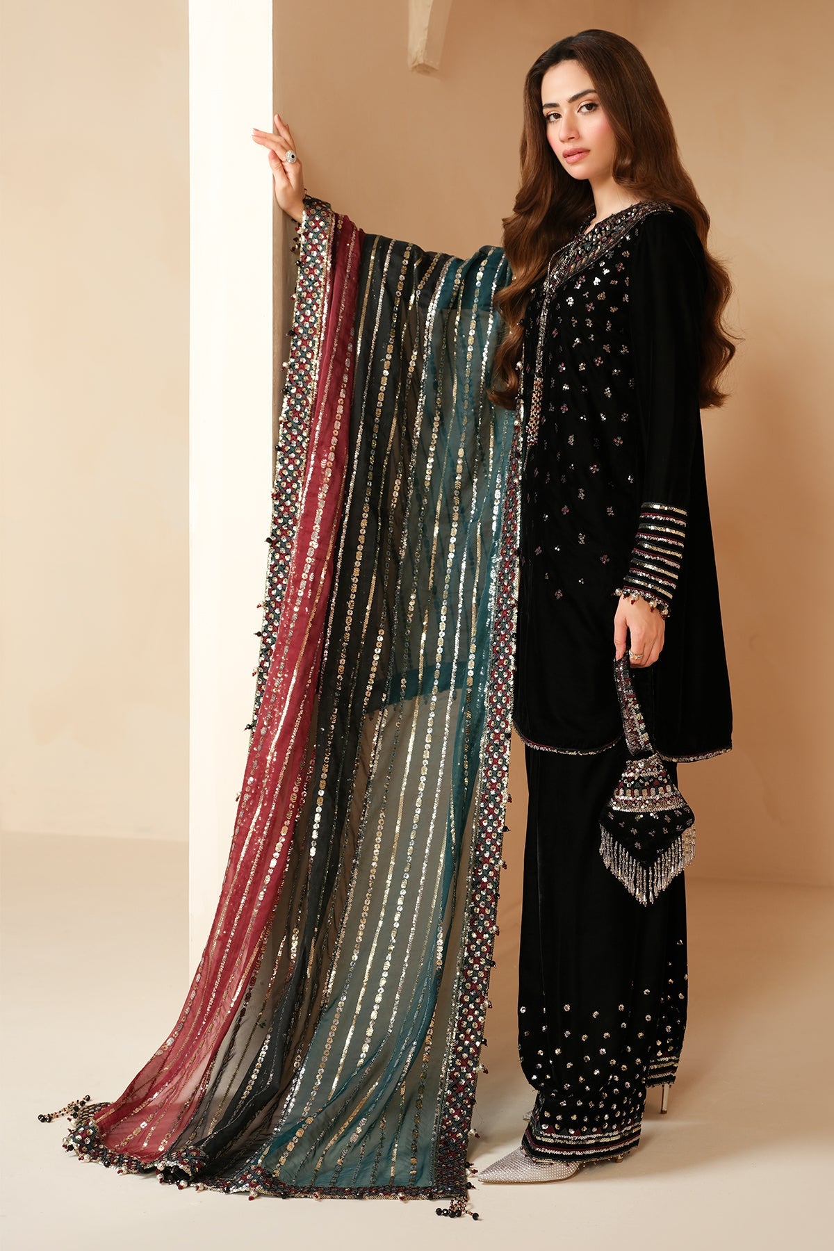 Sana Javed Black Embroidered Velvet Shirt, Trouser with Dupatta | 45% OFF | COD