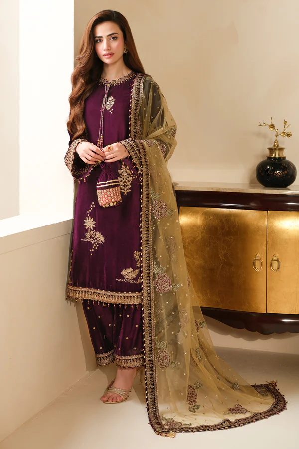 Sana Javed - Purple Shirt, Trouser with Dupatta - COD | 30% OFF