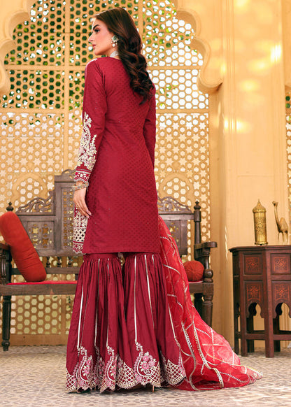 Hira Mani - Embroidered Rose Red Shirt, Ghagra and Dupatta Set  | 42% OFF