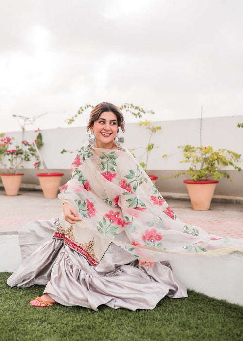 Kubra Khan White Floral Shirt, Ghagra with Dupatta | COD | 50% OFF