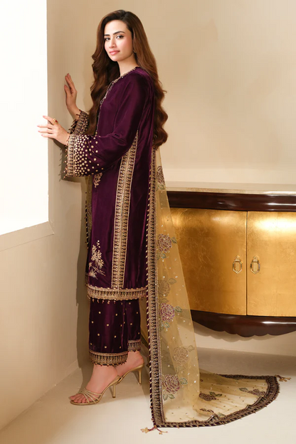 Sana Javed - Purple Shirt, Trouser with Dupatta - COD | 30% OFF