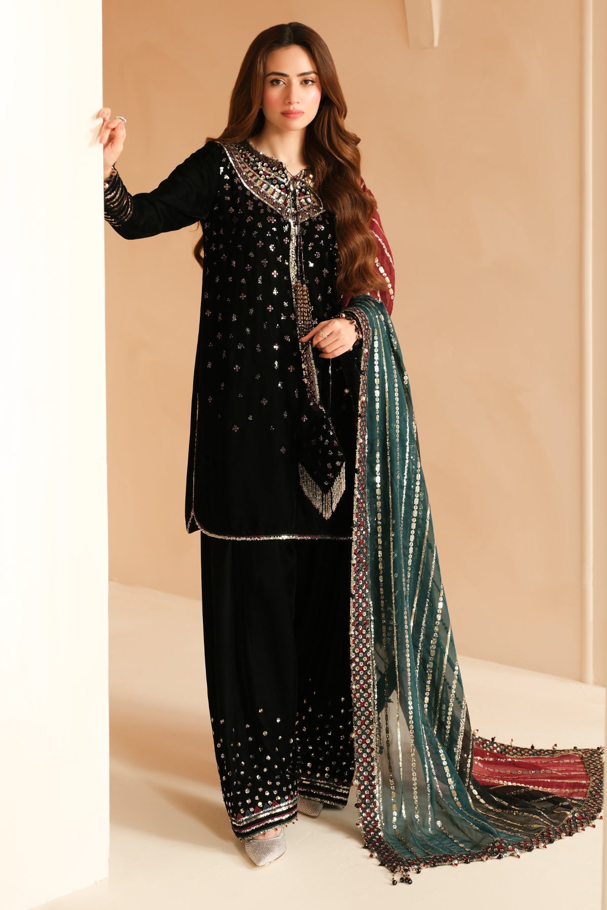 Sana Javed Black Embroidered Velvet Shirt, Trouser with Dupatta | 45% OFF | COD