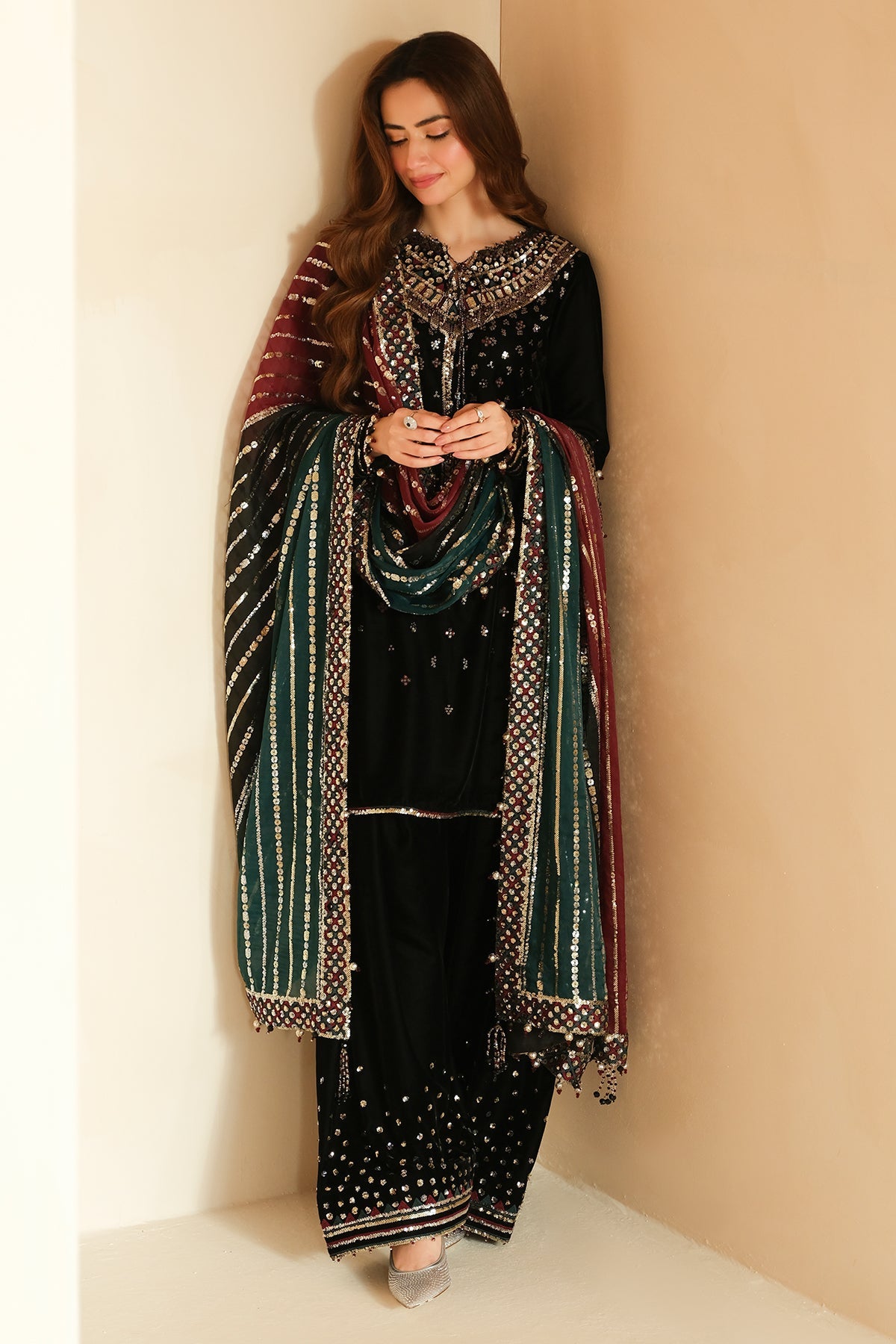 Sana Javed Black Embroidered Velvet Shirt, Trouser with Dupatta | 45% OFF | COD