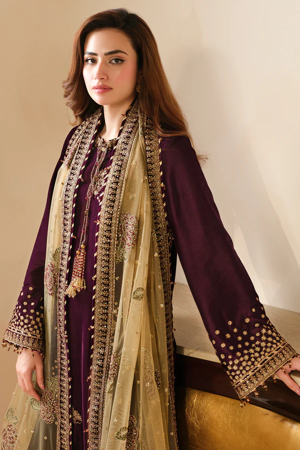 Sana Javed - Purple Shirt, Trouser with Dupatta - COD | 30% OFF