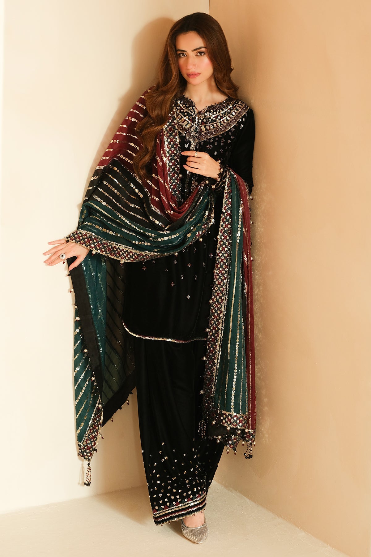 Sana Javed Black Embroidered Velvet Shirt, Trouser with Dupatta | 45% OFF | COD