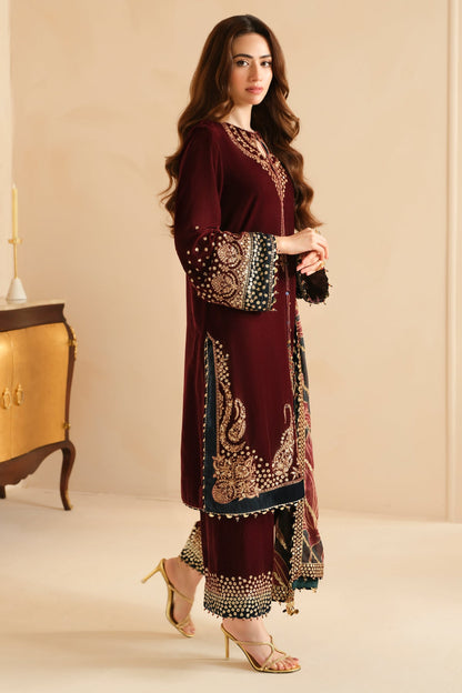 Sana Javed - Embroidered Velvet shirt, Trouser with Dupatta - COD | 30% OFF