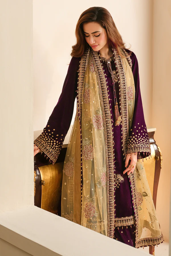 Sana Javed - Purple Shirt, Trouser with Dupatta - COD | 30% OFF