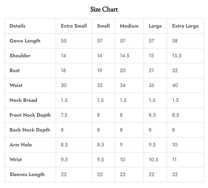 Hania Aamir Bella Gown Size chart with measurements in inches across different sizes.