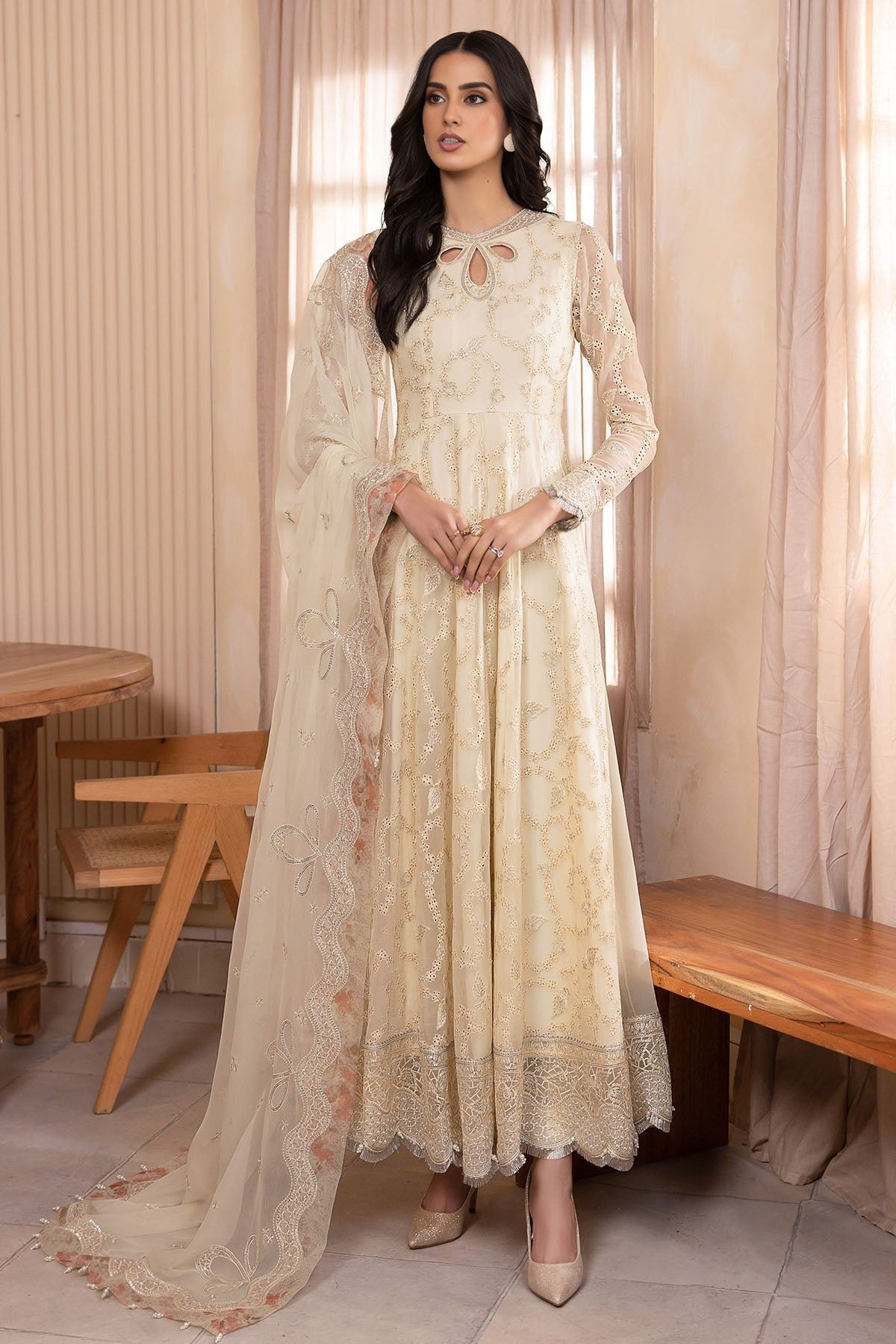 Iqra Aziz Half White Embroidered Chiffon Dress | 50% OFF