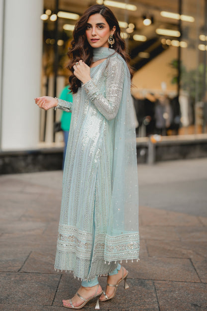 Maya Ali - Luxury Ice blue Shirt, Pajama and Dupatta | 20% OFF | Cash On Delivery