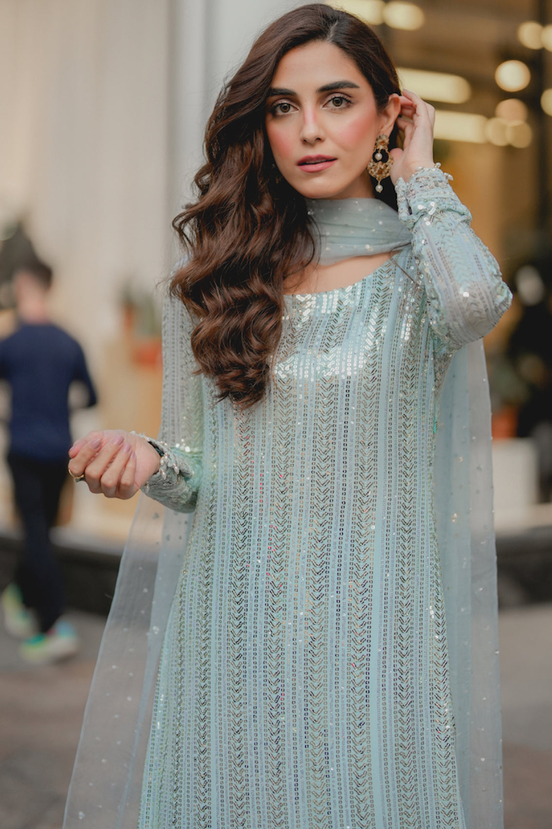 Maya Ali - Luxury Ice blue Shirt, Pajama and Dupatta | 20% OFF | Cash On Delivery