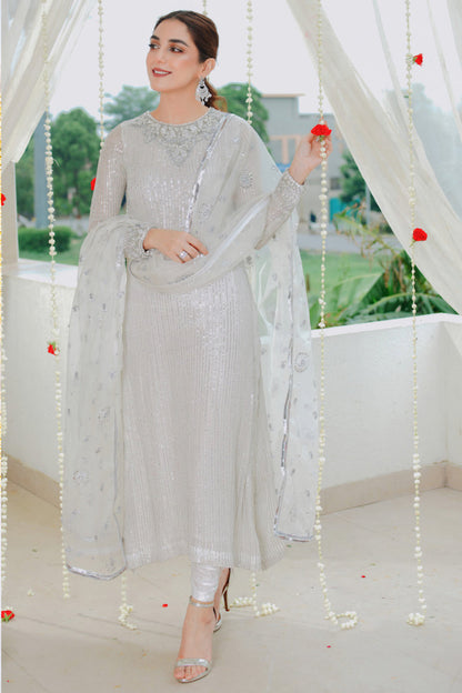 Maya Ali Luxury Grey Shirt, Pajama and Dupatta Outfit | COD | 20% OFF