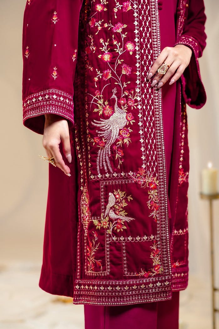 Wajeha Khan - Velvet Embroidered Bolero, Shirt and Trouser | 40% OFF