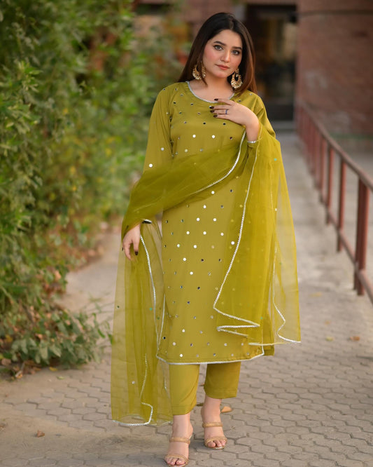 Olive Shirt, Trouser with dupatta - COD | 40% OFF