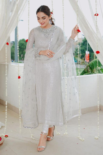 Maya Ali Luxury Grey Shirt, Pajama and Dupatta Outfit | COD | 20% OFF